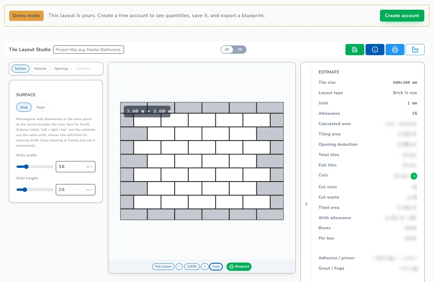 Tile Layout Studio in demo mode: Surface tab on the left, layout canvas in the middle, blurred Estimate on the right