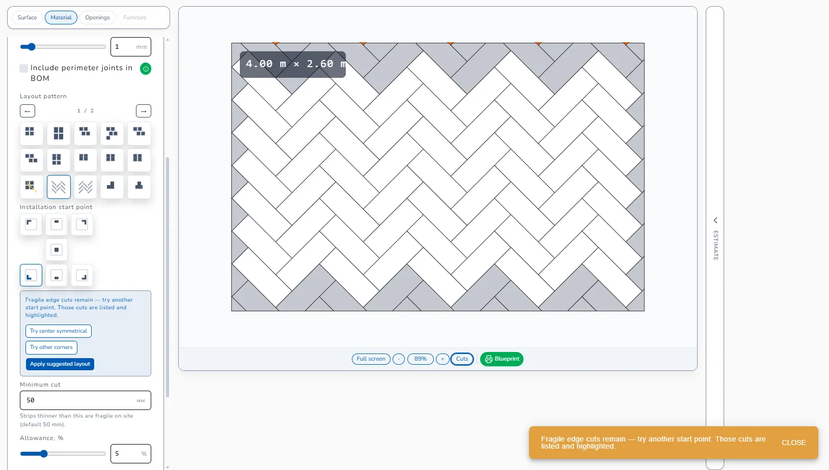 Herringbone wall with the Sliver Guard warning panel and toast