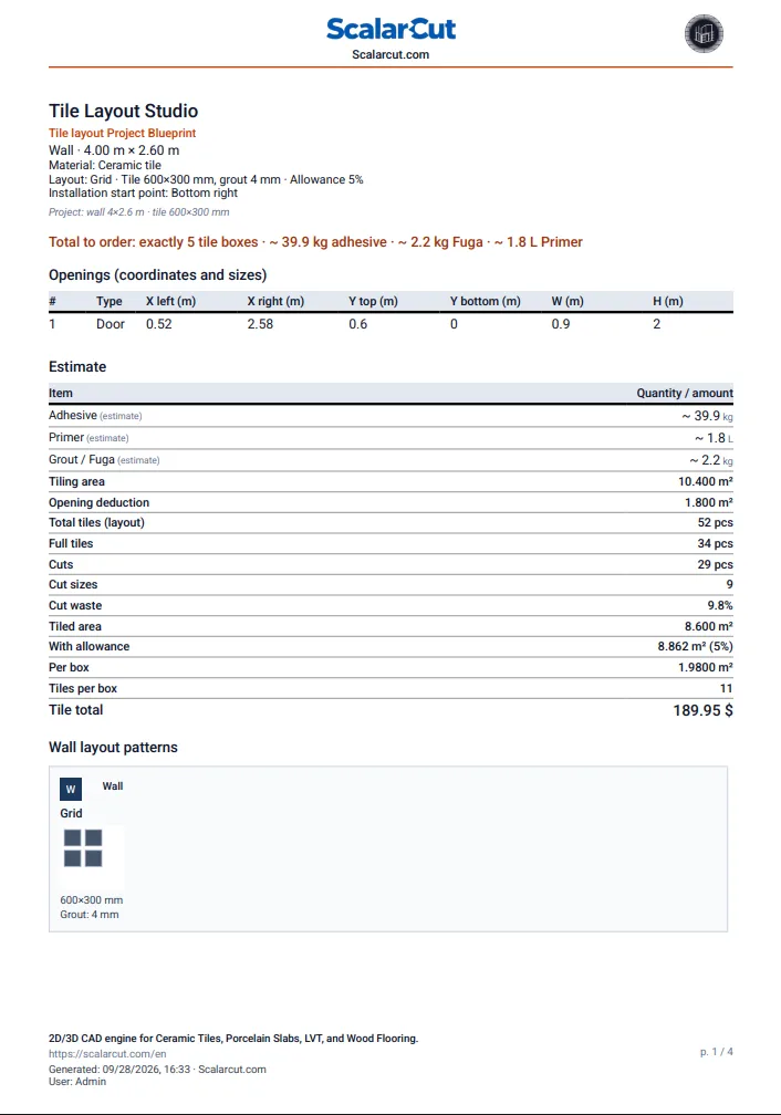 Project Blueprint page 1: dimensions, Total to order, openings table, Estimate