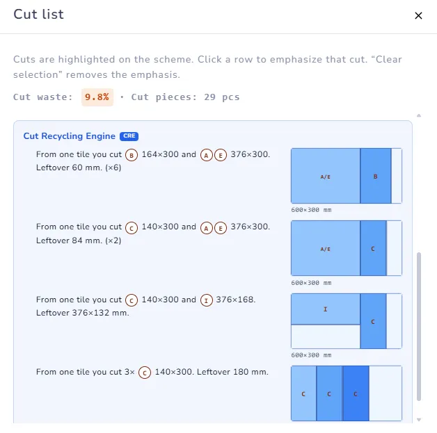 Cut Recycling Engine recipes with tile-split diagrams