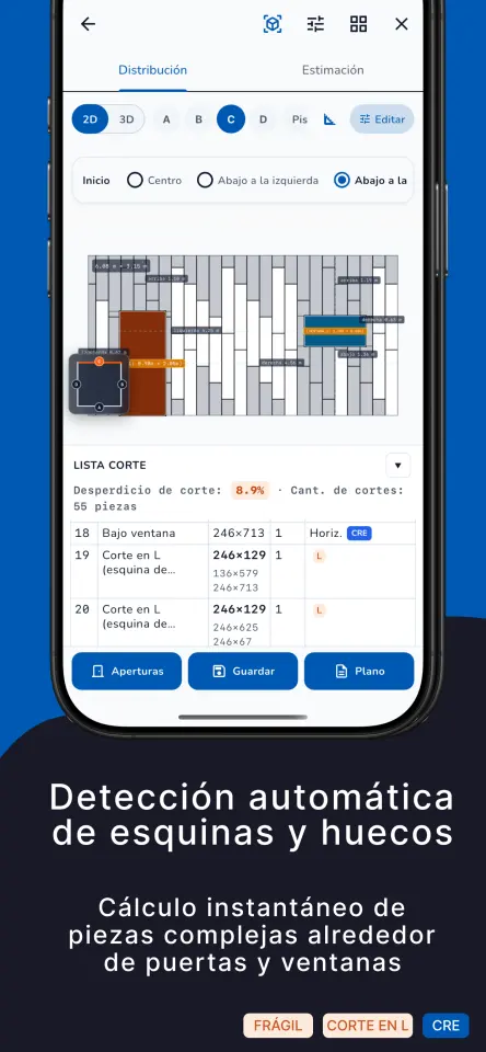 Detección automática de esquinas y huecos. Cálculo instantáneo de piezas complejas alrededor de puertas y ventanas